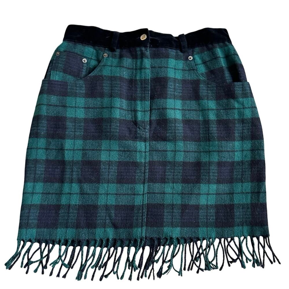 Vintage 90s Express Plaid Wool Mini Skirt Fringe Made in Italy Green Black 4 6
